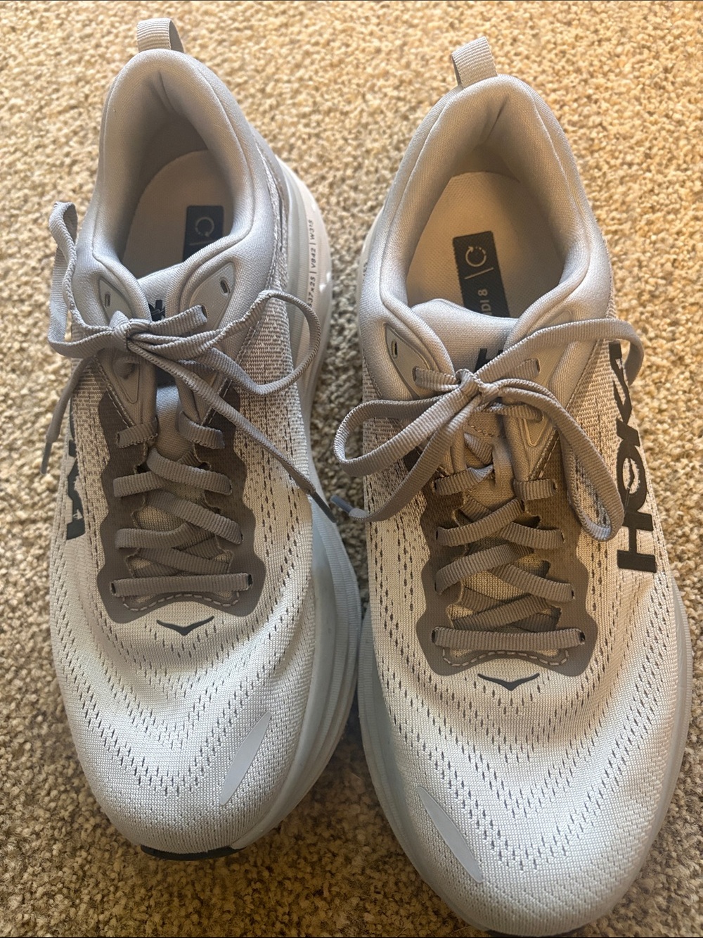 Mens Hoka Bondi 8 White and Gray Cushioned Running Sneakers - Picture 2 of 8